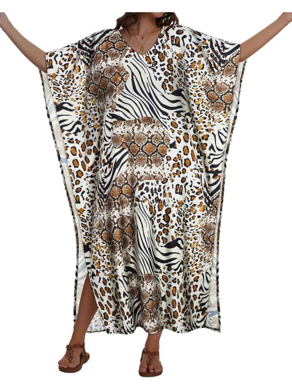 γ½οΈWomen's Leapord Zebra Print Long Sleeve V Neck Caftan Batwing Casual Cover Up